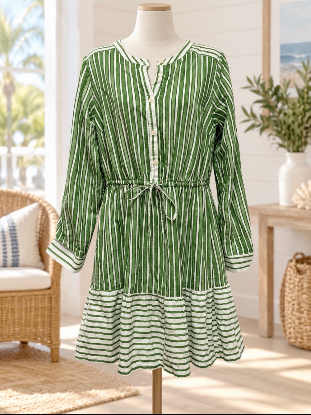 LOFT Green and White striped Buttoned Tie Front Sundress size small